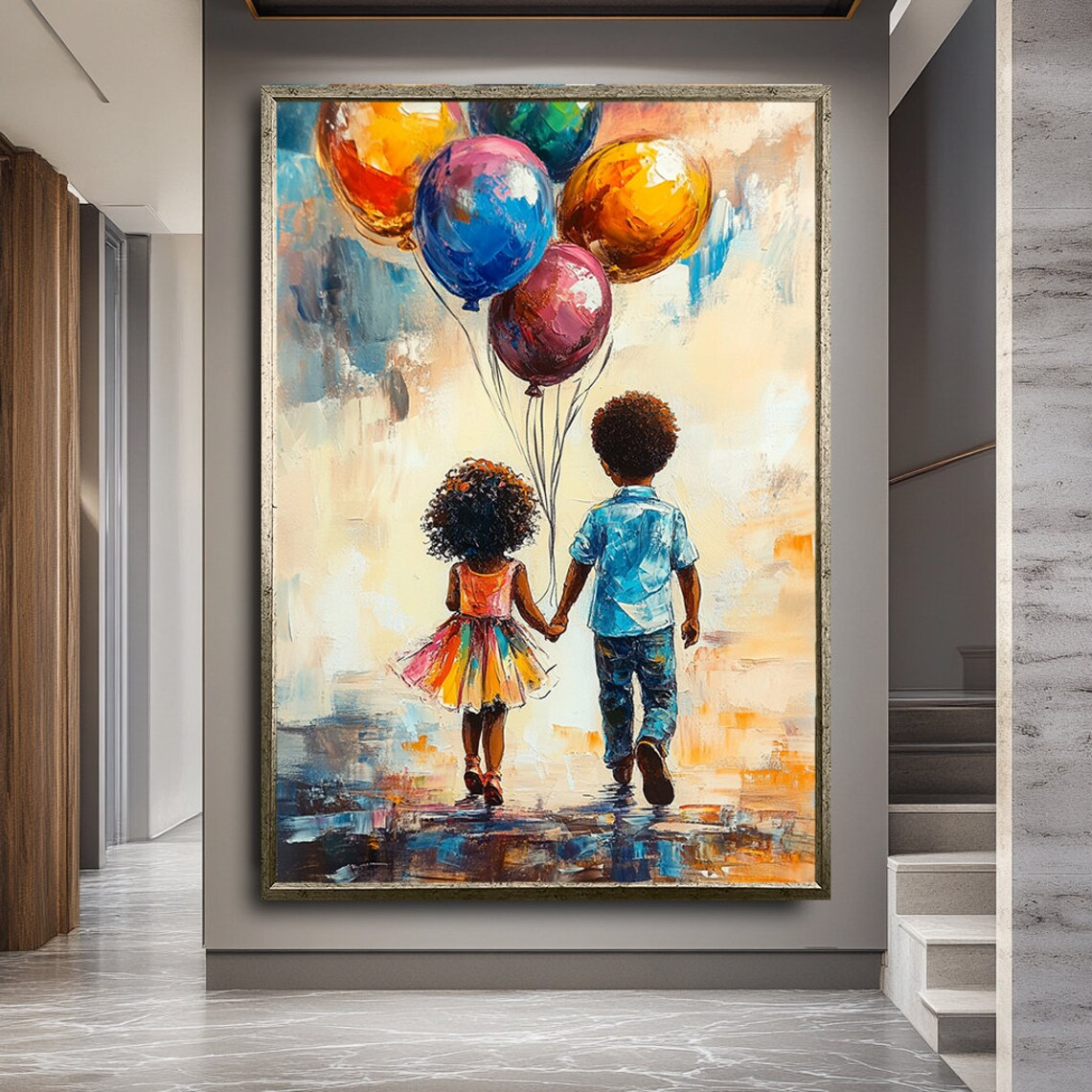 Boy And Girl Holding Hands Colorful Balloons Rainbow Tutu Art Poster