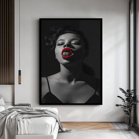 Woman Red Lips Tongue Black White Portrait Bold Fashion Poster
