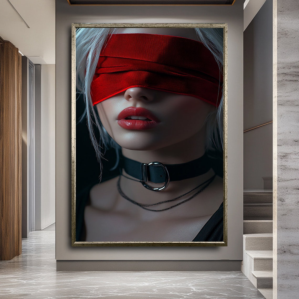 Silver Haired Woman In Red Blindfold And Choker Edgy Portrait Wall Art
