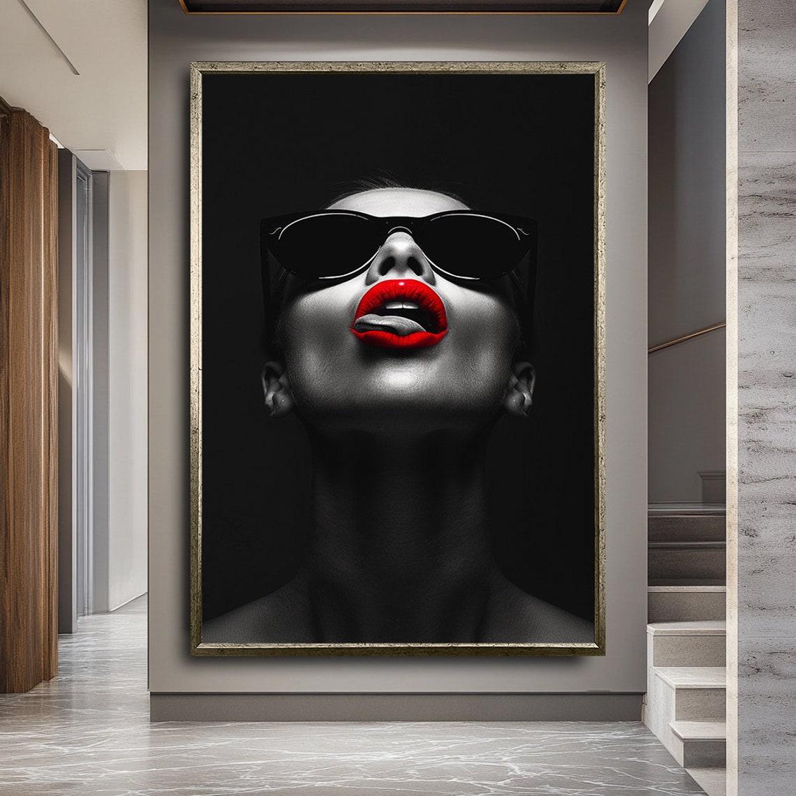 Stylish Woman In Sunglasses With Bold Red Lips Black White Wall Art