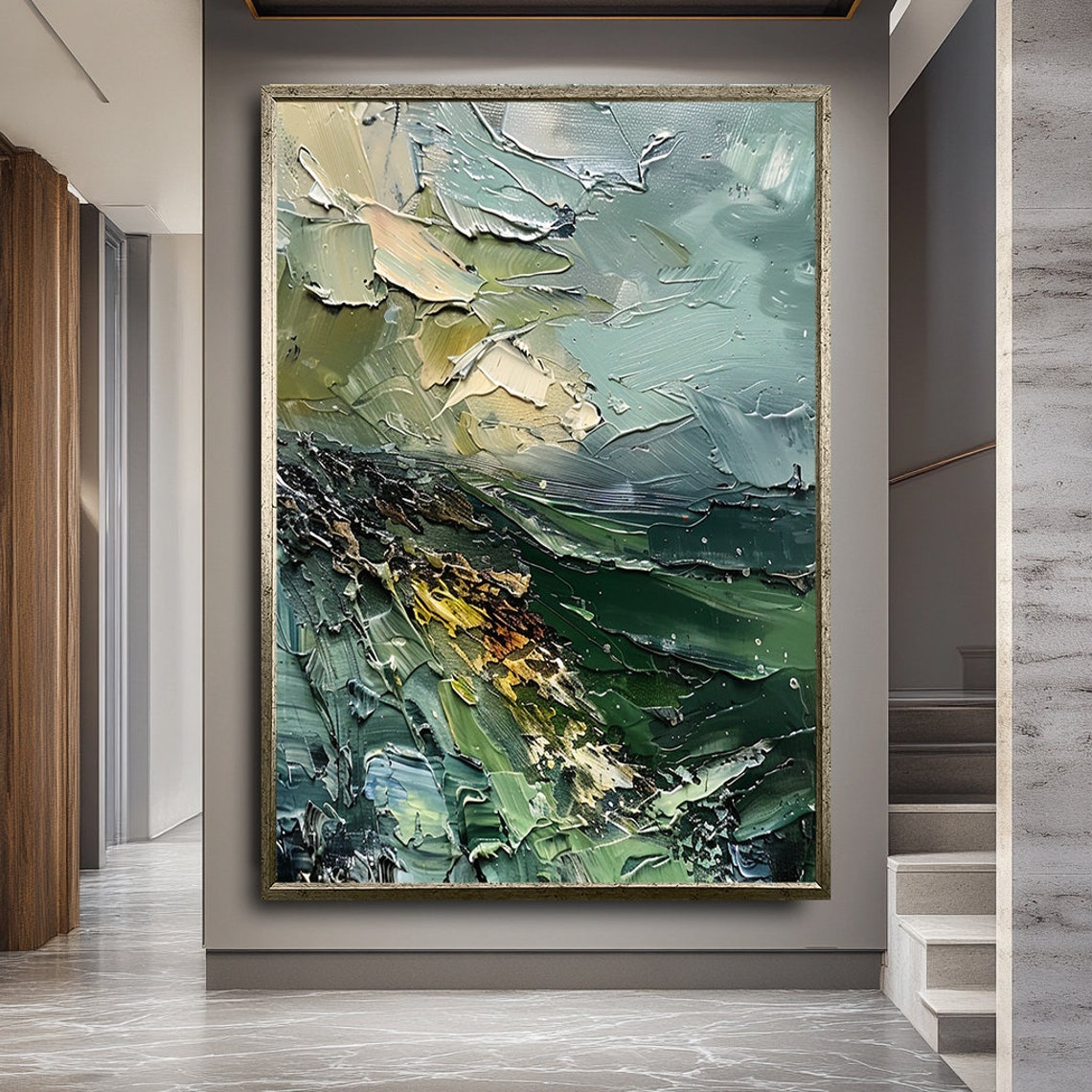 Green Blue Impasto Wave Thick Textured Oil Painting Art Poster - Image 2