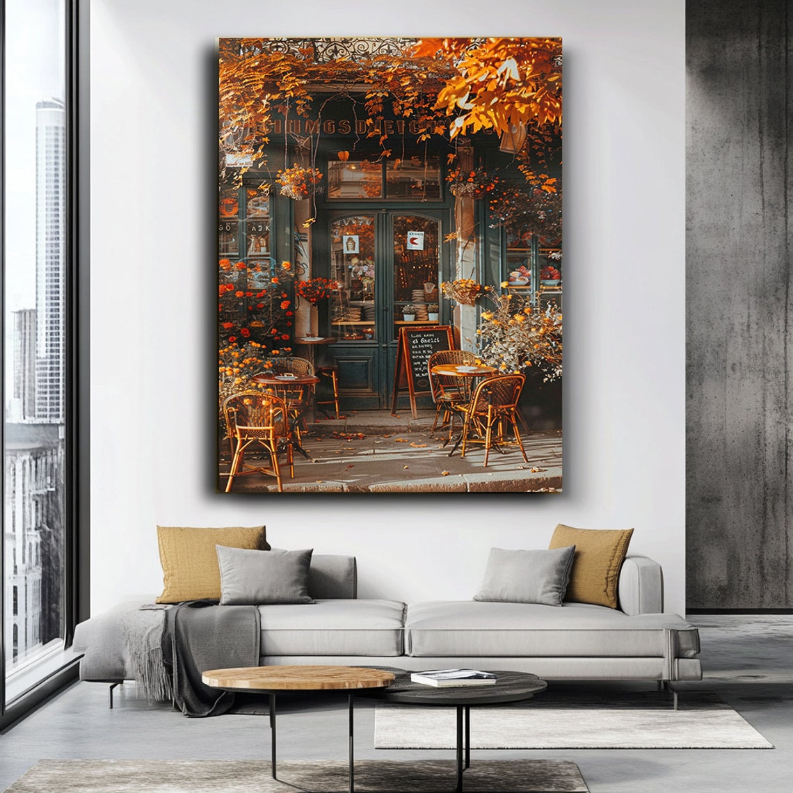 Parisian Cafe Autumn Golden Leaves Charming Street View Poster - Image 3