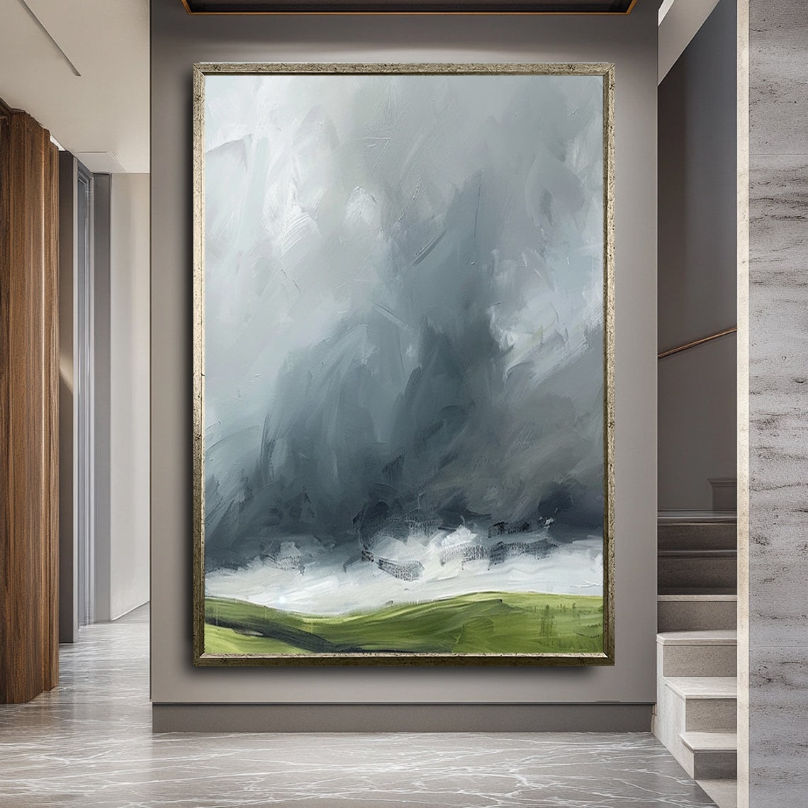 Moody Cloudy Sky Green Hills Loose Landscape Painting Poster