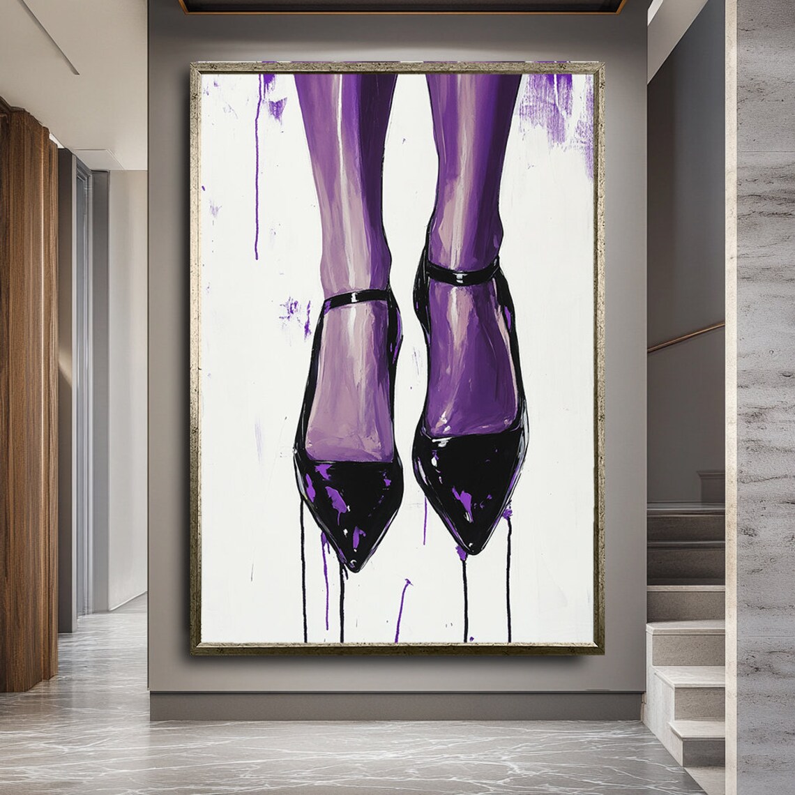 Fashion Illustration Purple Legs Black Heels Dripping Paint Modern Art Wall Poster