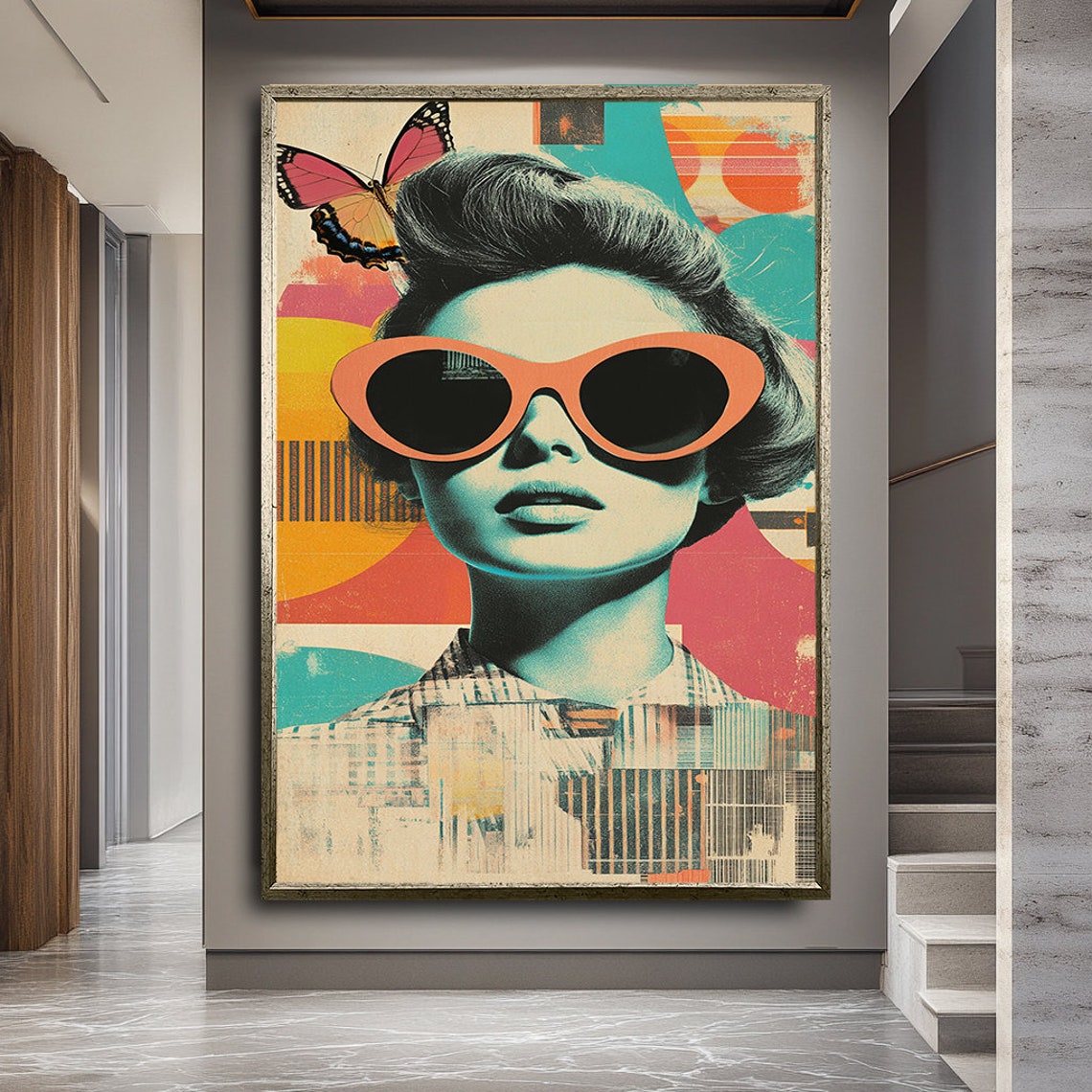 Pop Art Woman Orange Sunglasses Retro Collage Butterfly Bold Wall Art - Image 2