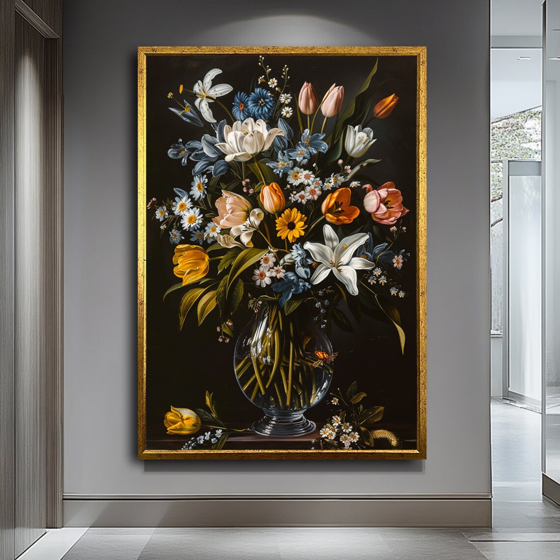 Flowers In a Vase Art Print, Botanical Floral Art