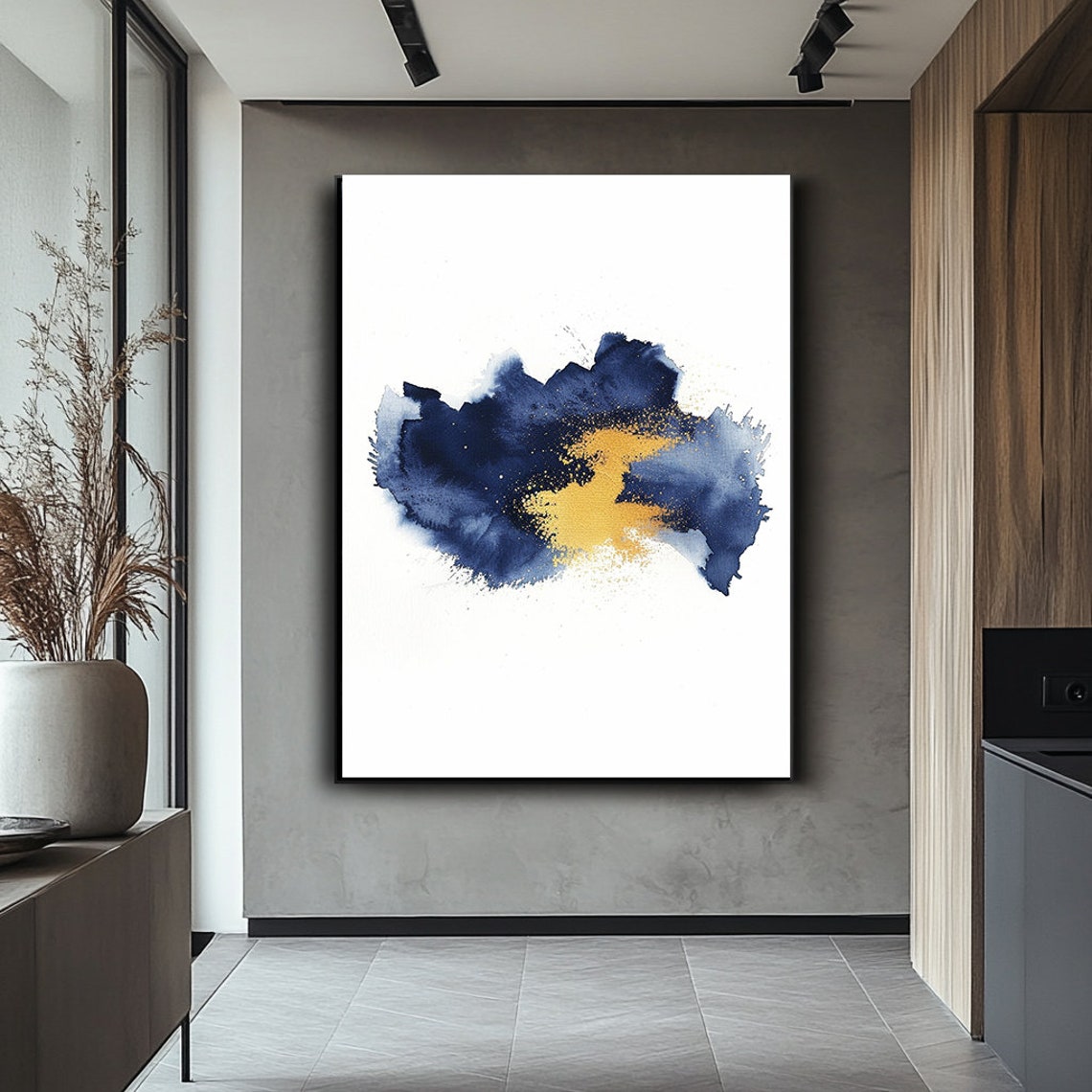 Minimalist Navy Gold Watercolor Blot Centered Abstract Art Poster - Image 4