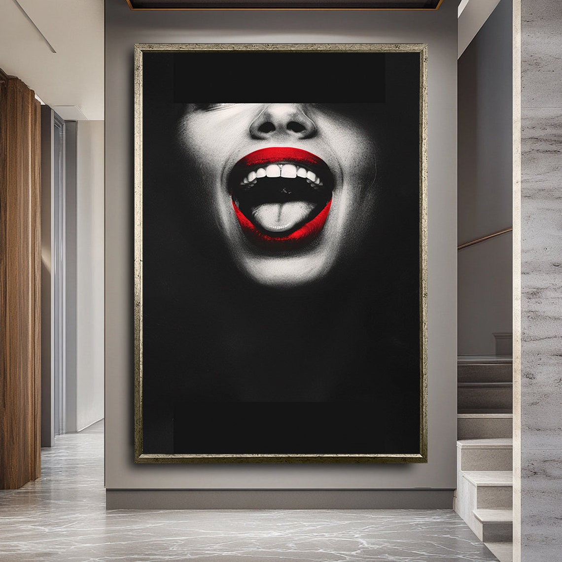Laughing Red Lips Close Up In Black And White Bold Pop Art Poster - Image 2