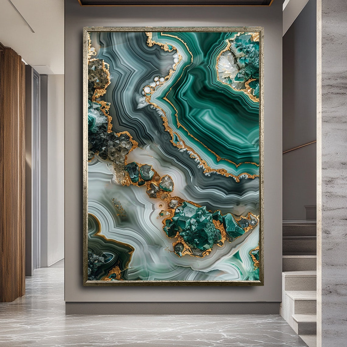Emerald Green Agate Geode Slice Gold Leaf Edges Luxury Art Poster - Image 2