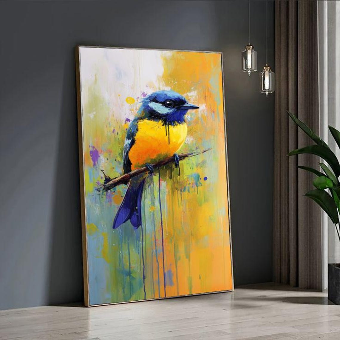 Blue and Yellow Bird on Branch Colorful Abstract Drip Paint Art Poster - Image 4