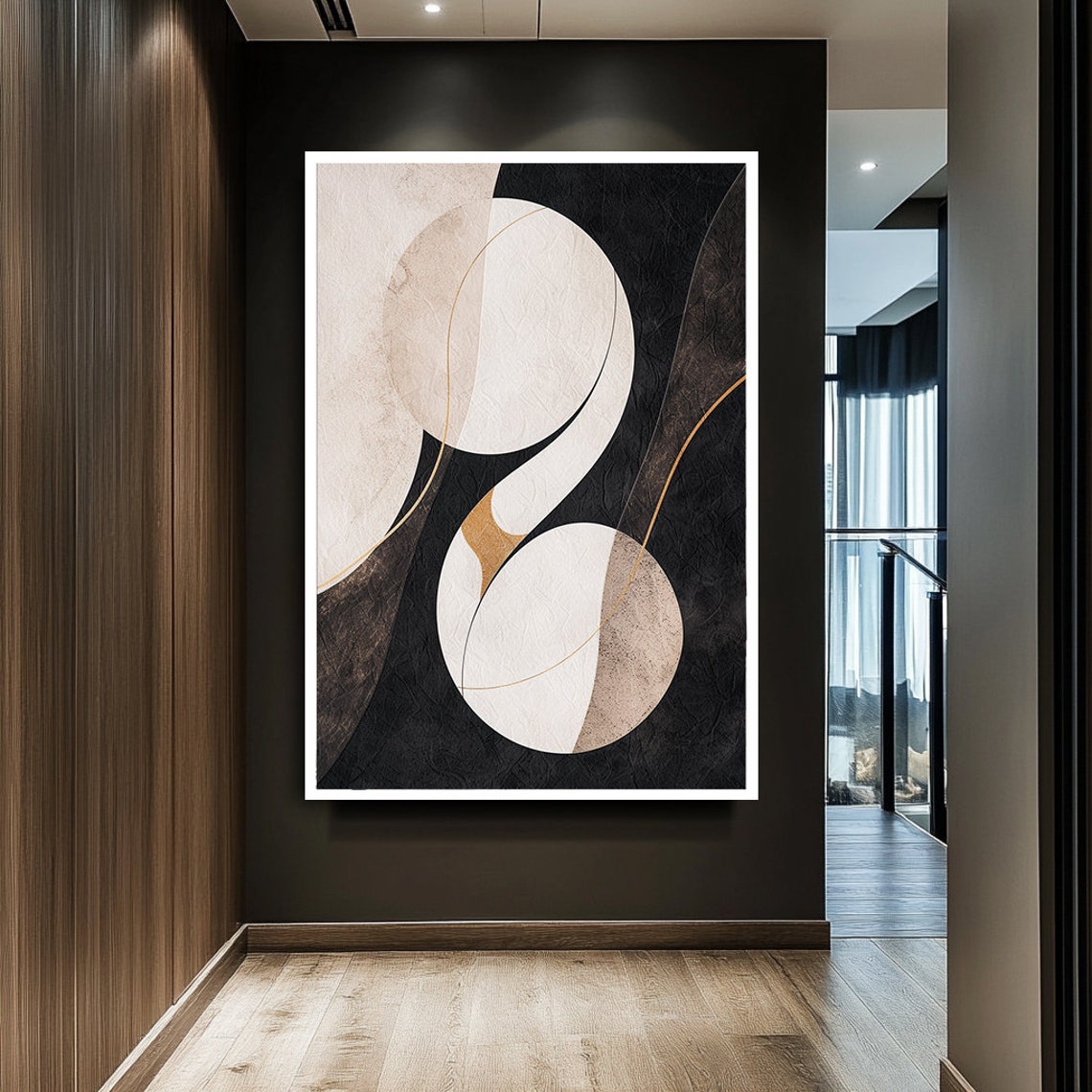 Cream Circles On Textured Black Canvas With Gold Line Abstract Poster - Image 2