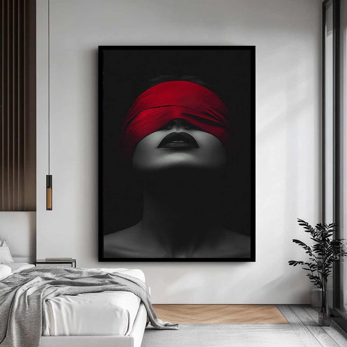 Woman With Red Blindfold In Dramatic Black White Mysterious Art Poster - Image 4