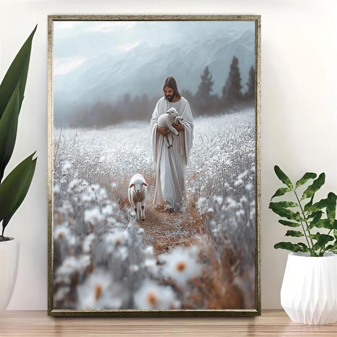 Jesus Holding Lamb Walking Flower Field Peaceful Christian Religious Art Print - Image 4
