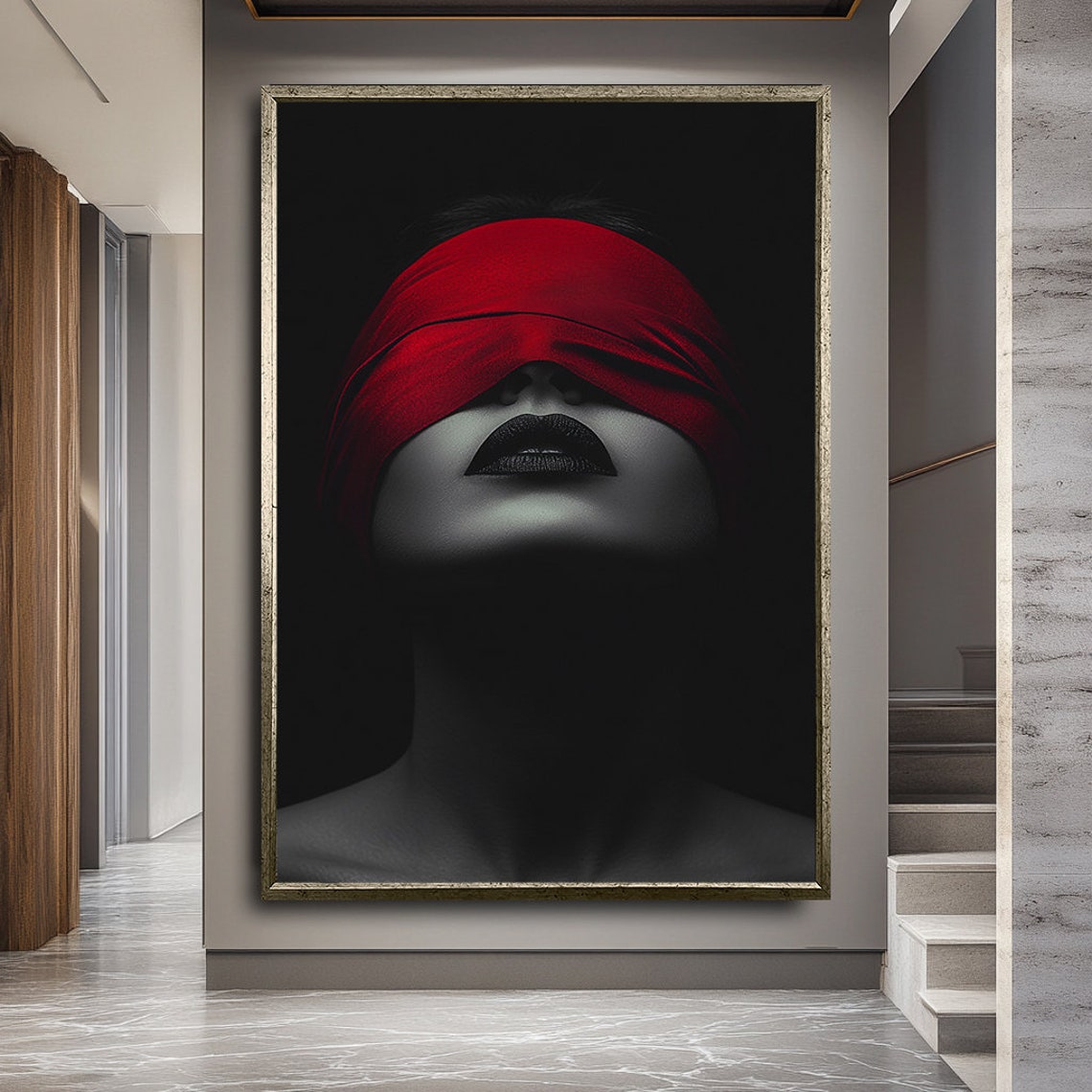 Woman With Red Blindfold In Dramatic Black White Mysterious Art Poster - Image 2