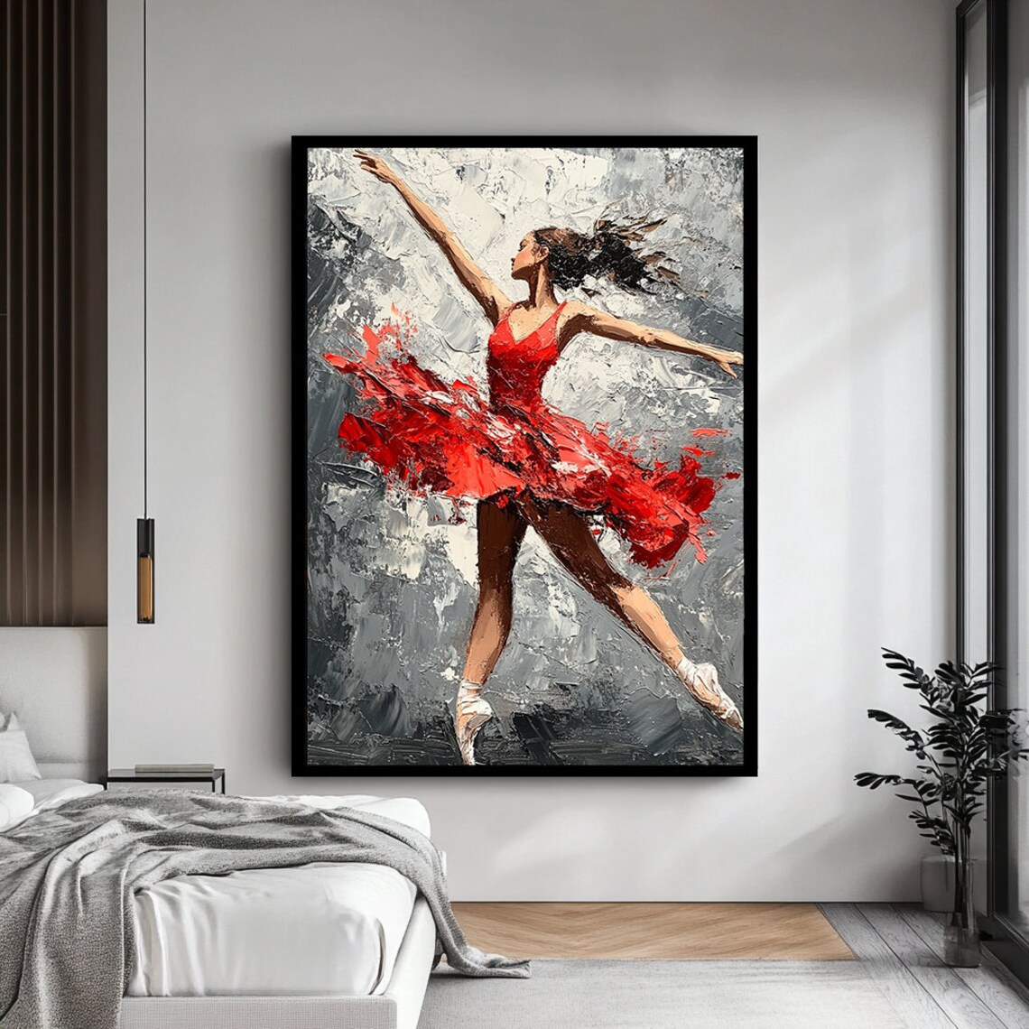 Ballet Dancer In Flowing Red Dress Dynamic Leap Abstract Gray Art Poster - Image 4
