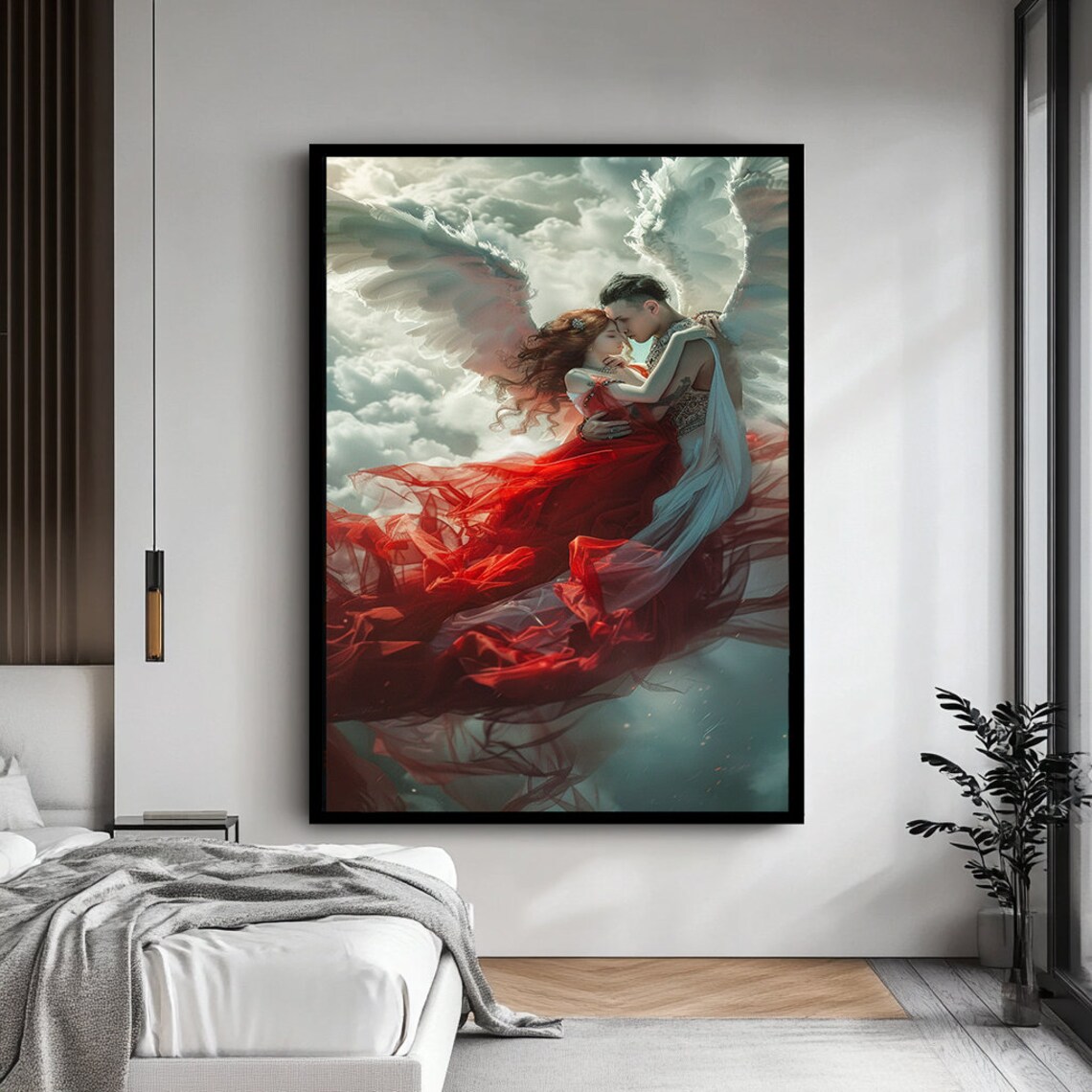 Angel Couple Embracing Among Clouds Romantic Fantasy Wings Love Art Poster - Image 4
