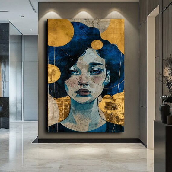 Klimt Style Woman Blue Gold Circles Decorative Portrait Poster