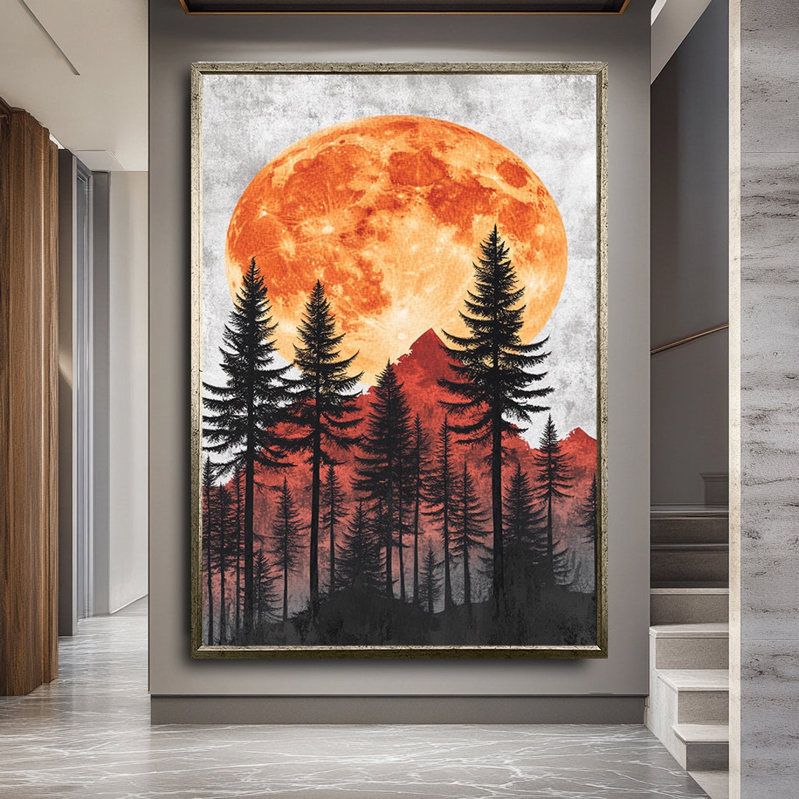 Giant Orange Moon Over Pine Forest Mountains Night Sky Poster - Image 2