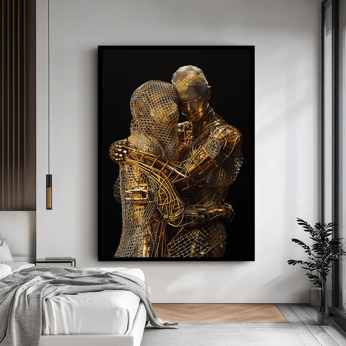 Golden Wire Sculpture Couple Embrace Romantic Love Art Poster - Image 4
