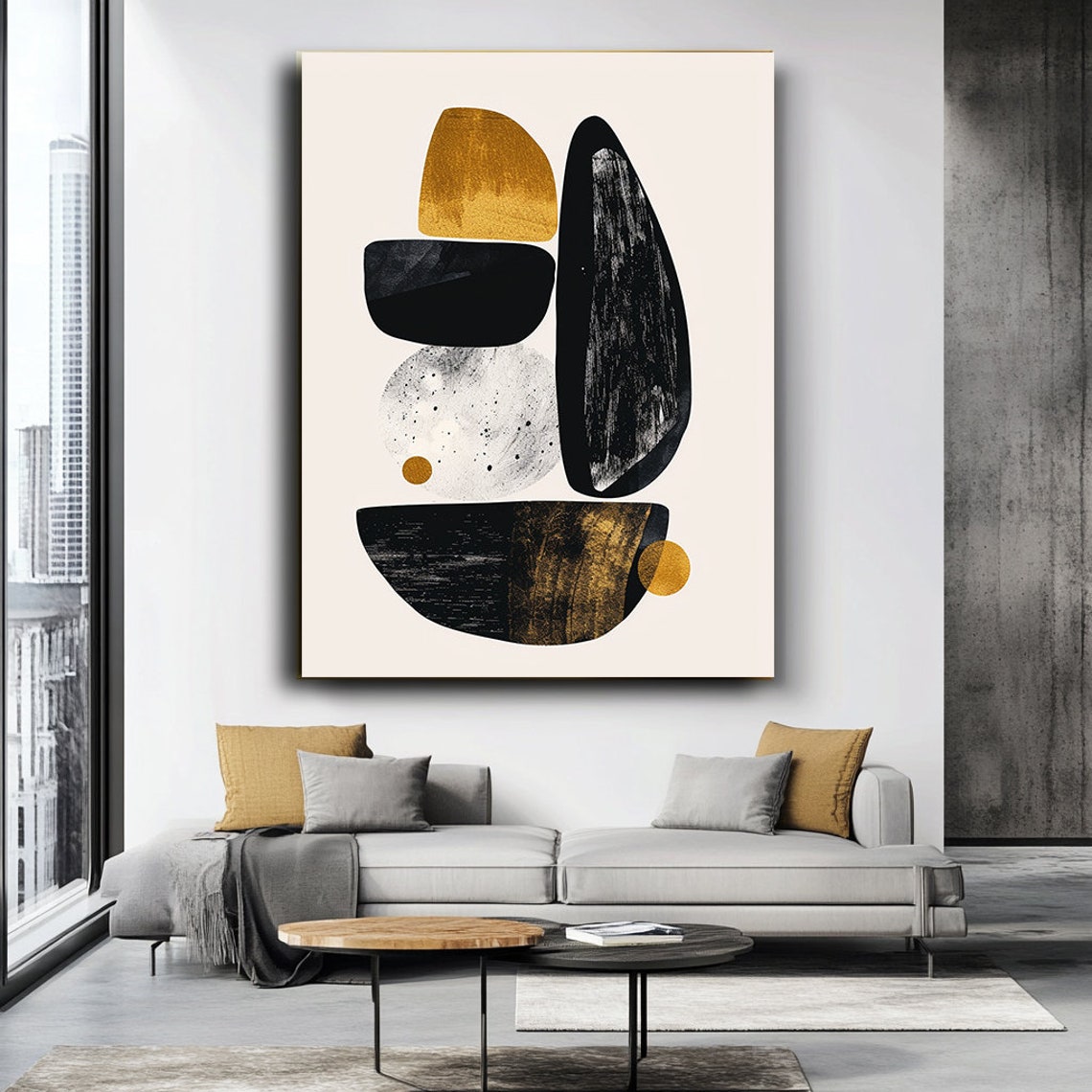 Minimalist Black Gold Geometric Stone Shapes Modern Abstract Art Print - Image 4