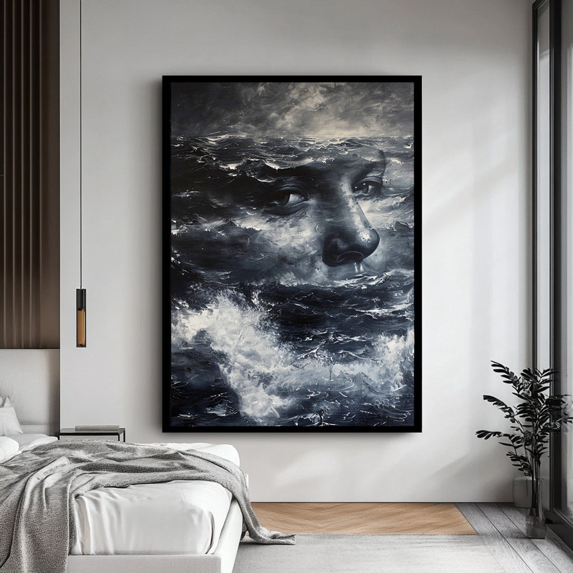 Ocean Waves Man Face Surreal Monochrome Sea Portrait Art Poster