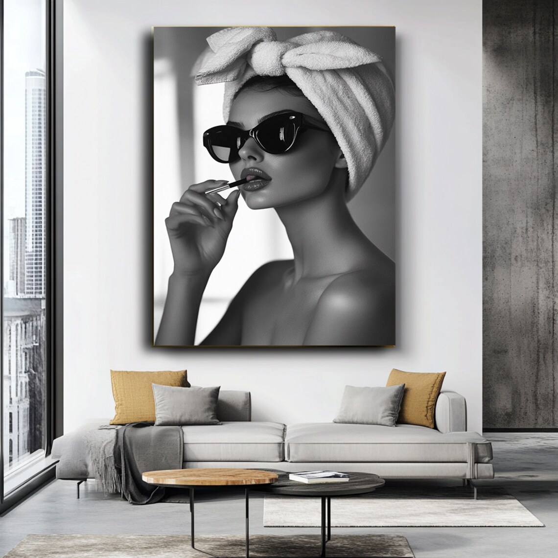 Black White Woman With Towel Turban Applying Lipstick Glam Beauty Poster - Image 3