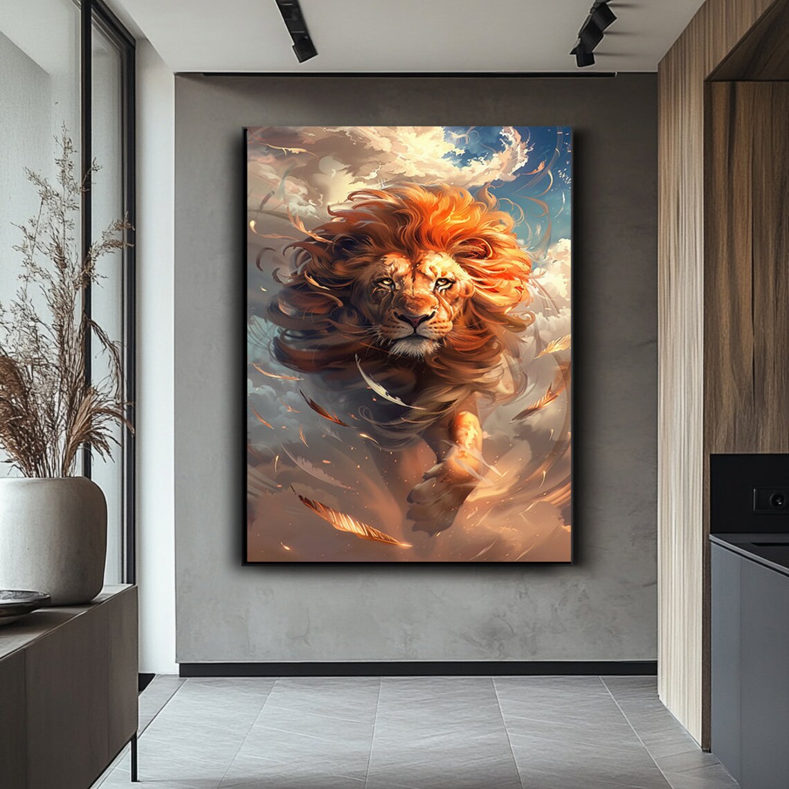 Powerful Lion Leaping Through Clouds Fiery Mane Dynamic Fantasy Art Poster - Image 4