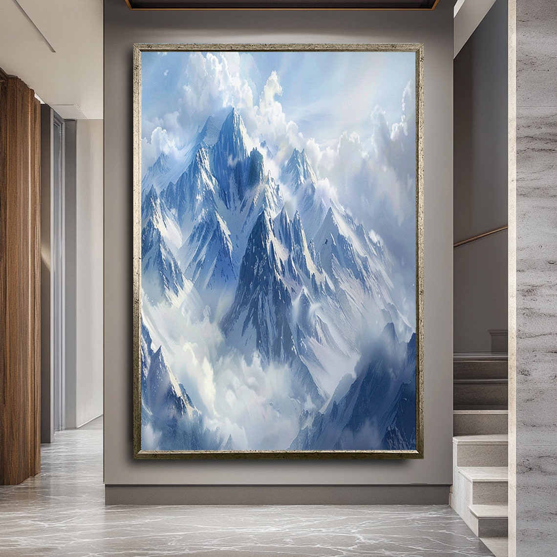 Snowy Mountain Peaks Blue White Alpine Clouds Landscape Poster