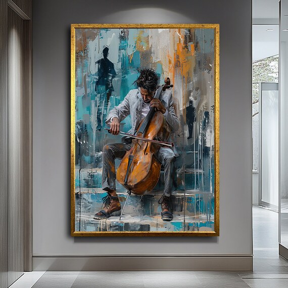 Seated Cellist In Concert Against Turquoise Abstract Backdrop Wall Art