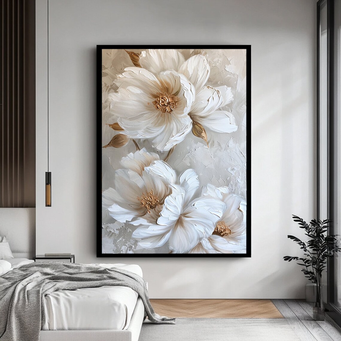 White Peony Blossoms Textured Floral Oil Painting Wall Poster - Image 4