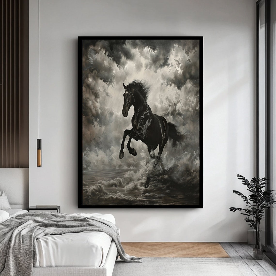 Wild Black Horse Rearing Storm Clouds Dramatic Monochrome Poster