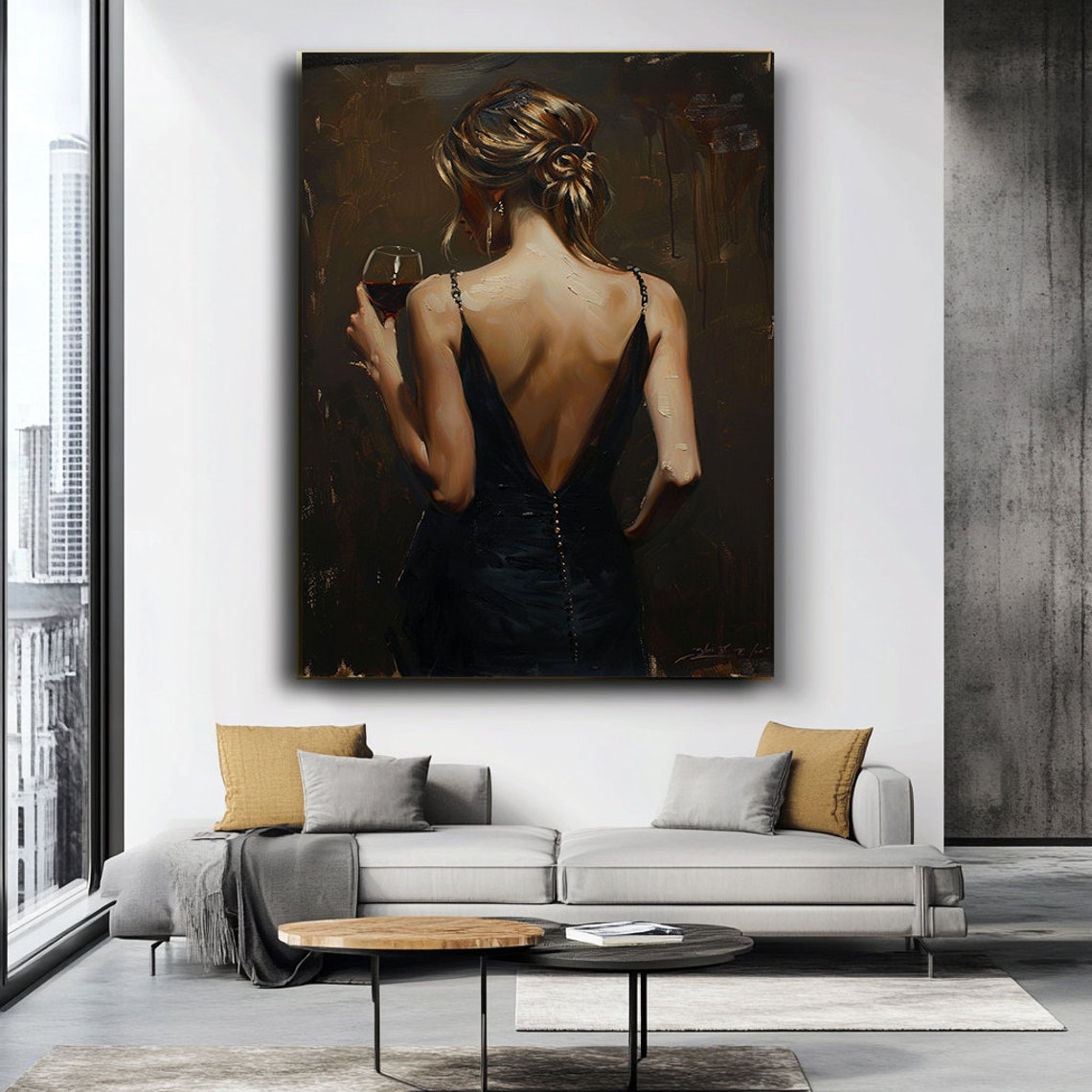 Woman Backless Evening Gown Holding Wine Dark Moody Art Poster - Image 3