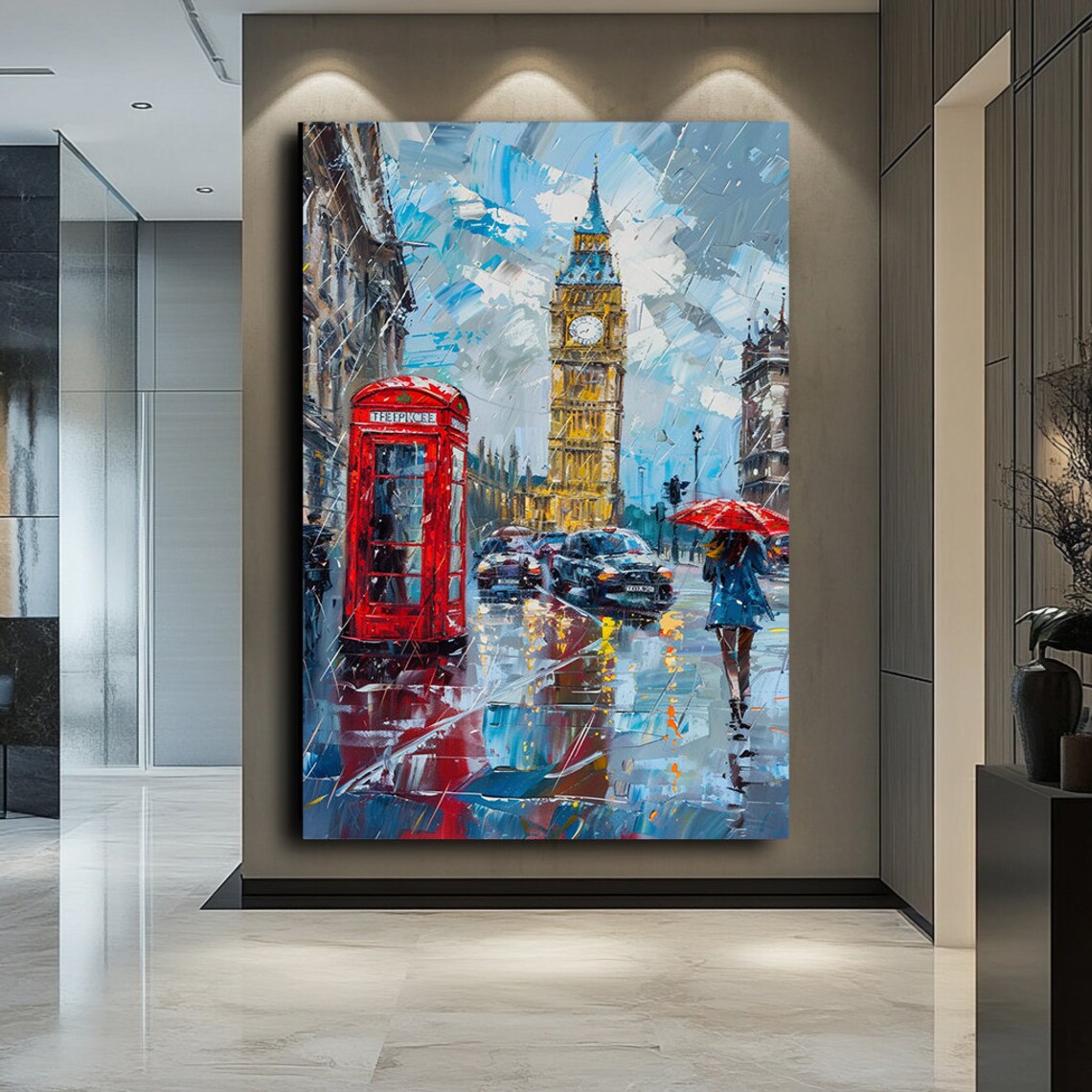 London Big Ben Red Phone Box Rainy Street Oil Painting Poster
