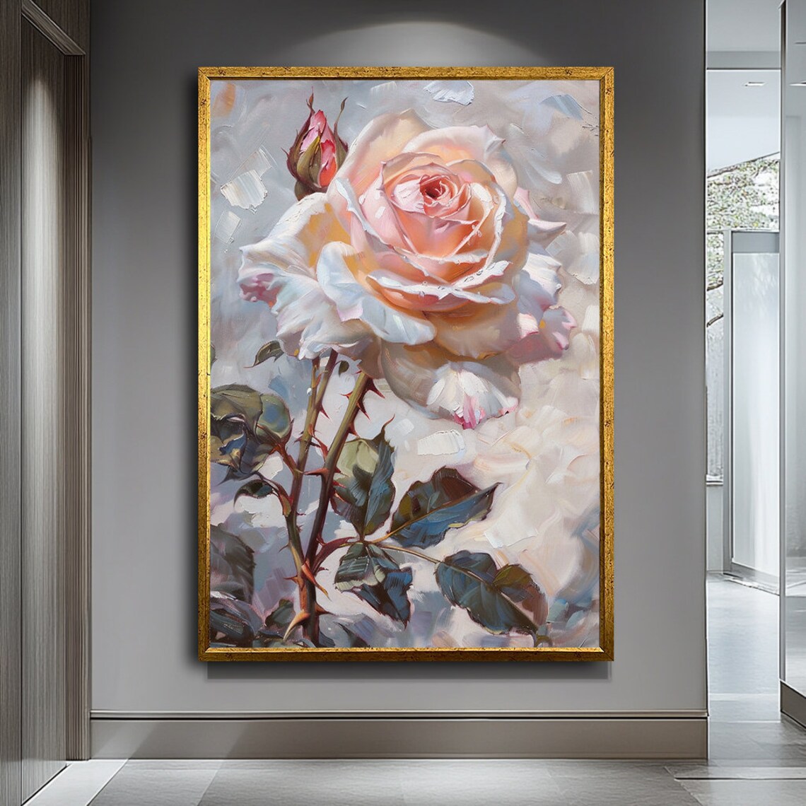 Blush Pink Rose Oil Painting Delicate Floral Close-Up Poster