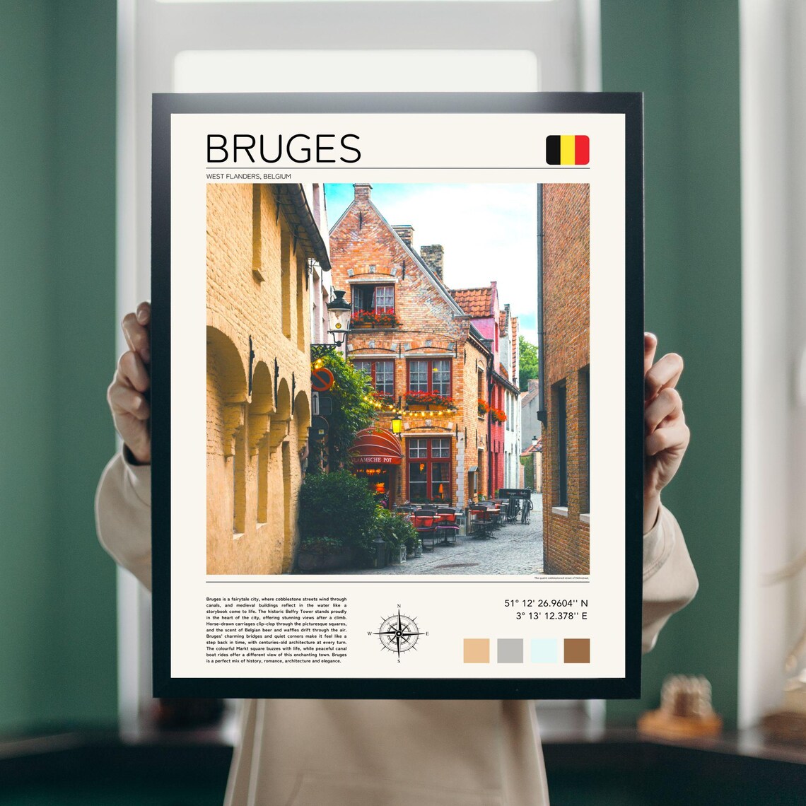 Bruges Belgium Brick Street Old Town Travel Poster With Flag Detail - Image 3