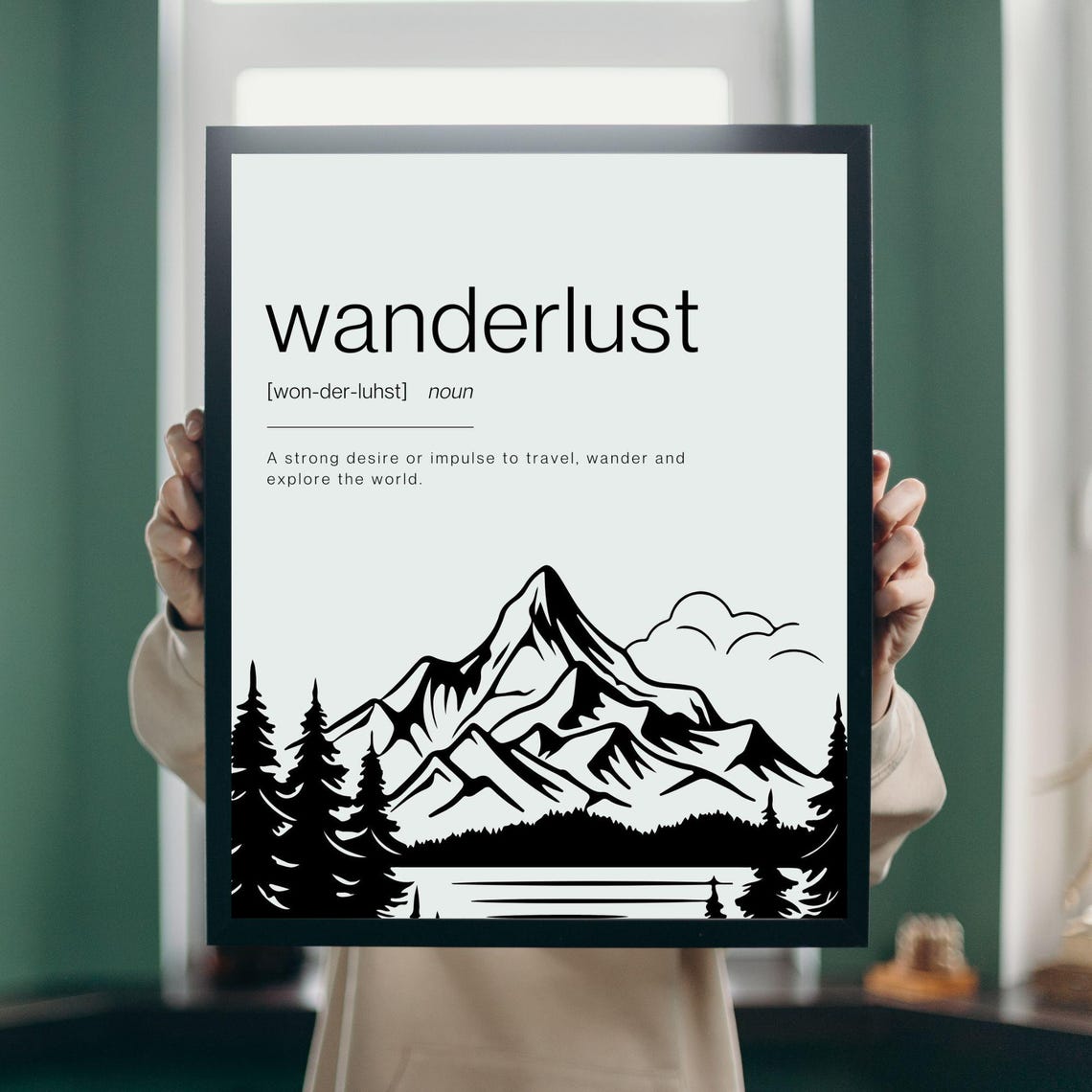 Wanderlust Definition Travel Quote Pink Mountain Silhouette Poster - Image 2