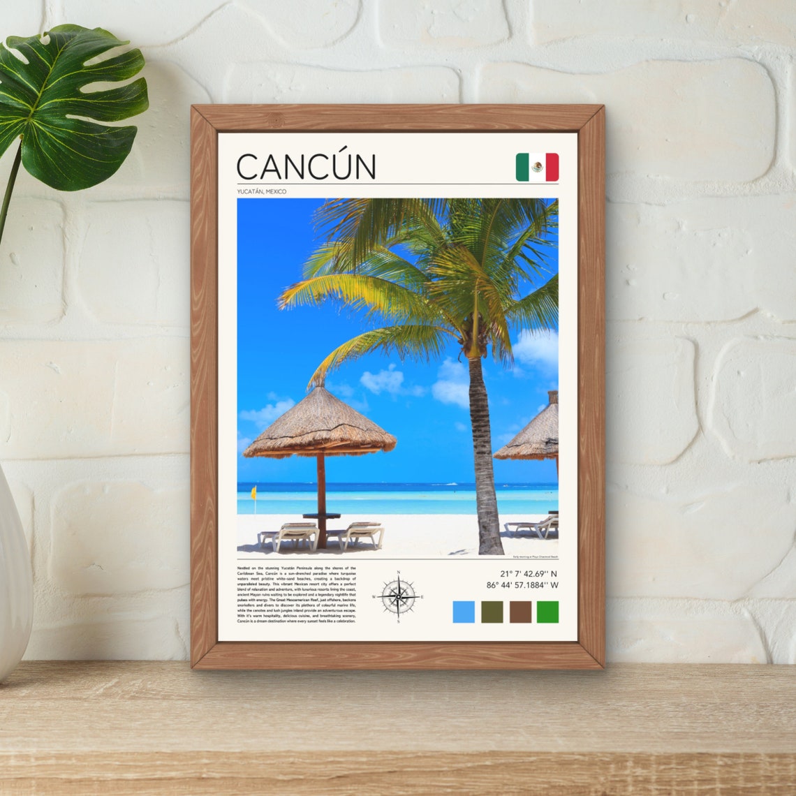 Cancun Mexico Caribbean Beach Palapa Umbrellas Palm Tree Poster