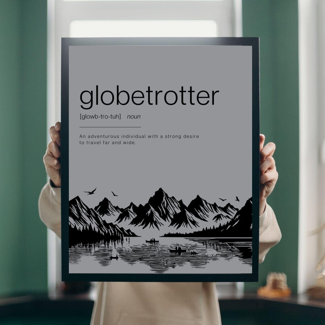 Globetrotter Definition Adventurer Dictionary Art Mountain Lake Poster - Image 4
