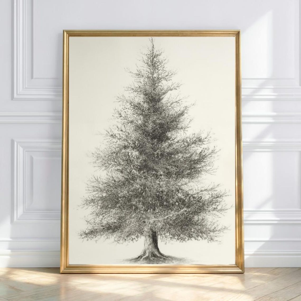 Minimalist Christmas Tree Wall Art Pencil Sketch Winter Print Neutral Holiday Decor Scandinavian