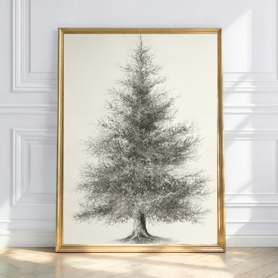 Minimalist Christmas Tree Pencil Sketch Neutral Holiday Poster