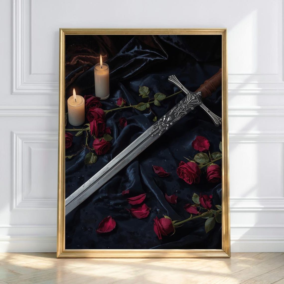 Gothic Sword Red Roses Candles Dark Velvet Still Life Fantasy Poster