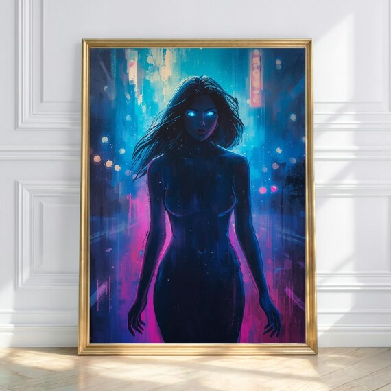 Cyberpunk Neon City Woman Glowing Blue Eyes Dark Rain Art Poster