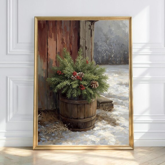 Rustic Winter Pot Arrangement Farmhouse Greenery Print Christmas Botanical Decor
