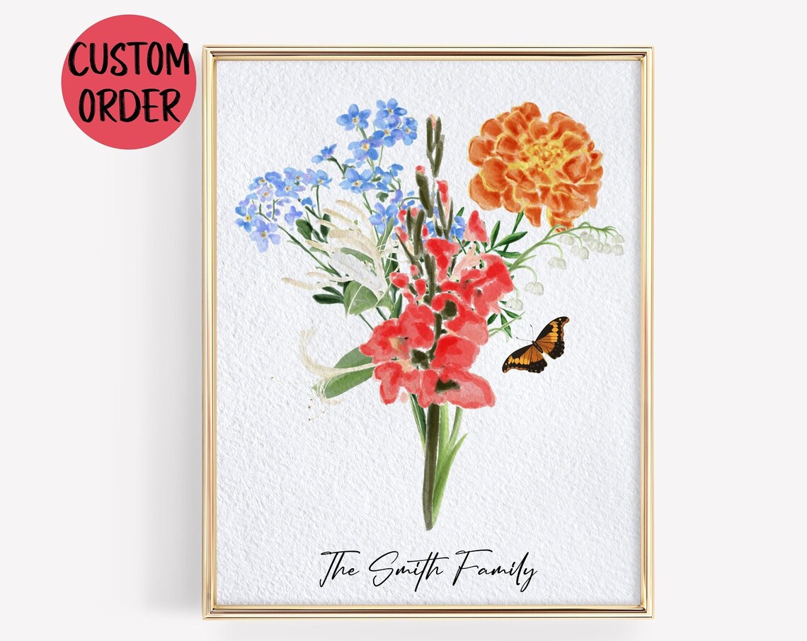 Birth Flower Bouquet Butterfly Personalized Family Name Art Poster