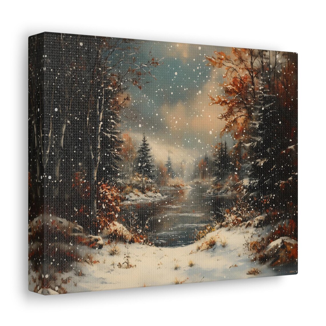 Autumn Snowfall Over Forest Stream With Orange Fall Trees Falling Snow Print - Image 2