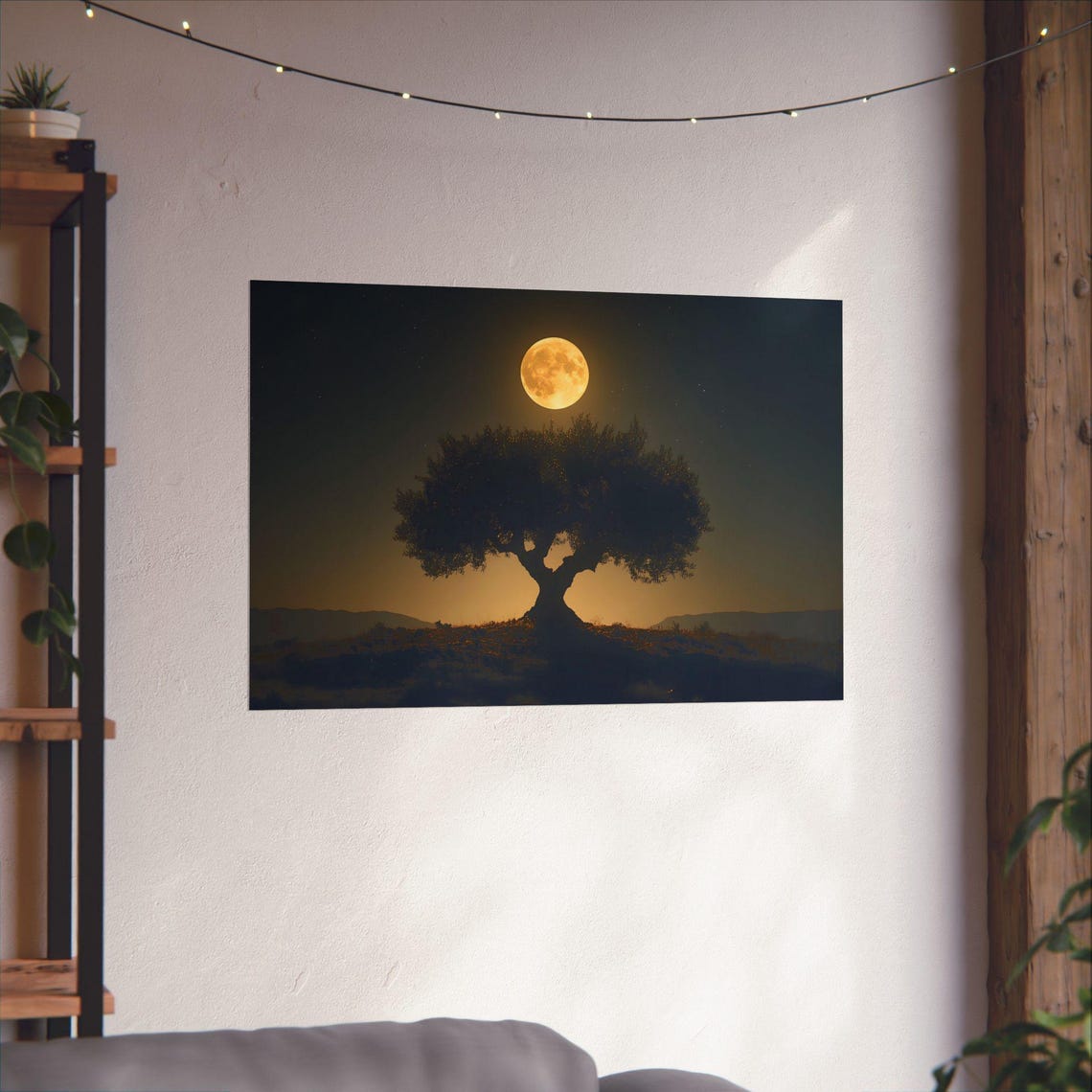 Lone Olive Tree Silhouette Beneath Full Moon Starry Night Poster - Image 2