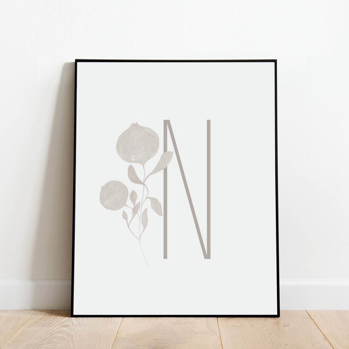 Letter N Botanical Initial Wall Art with Black Branch Silhouette - Image 3