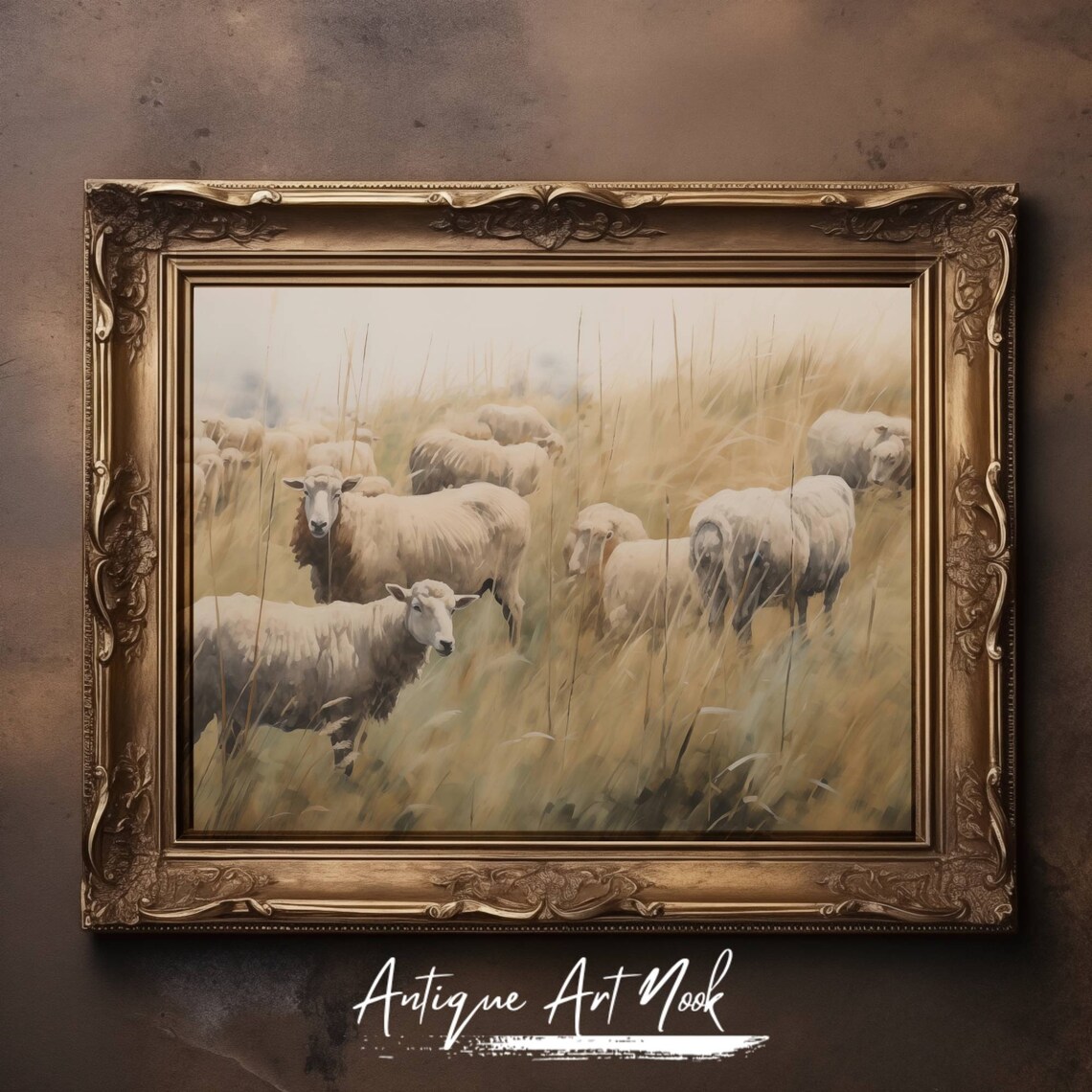 Vintage Sheep Flock Oil Painting, Farmhouse Decor - Image 3