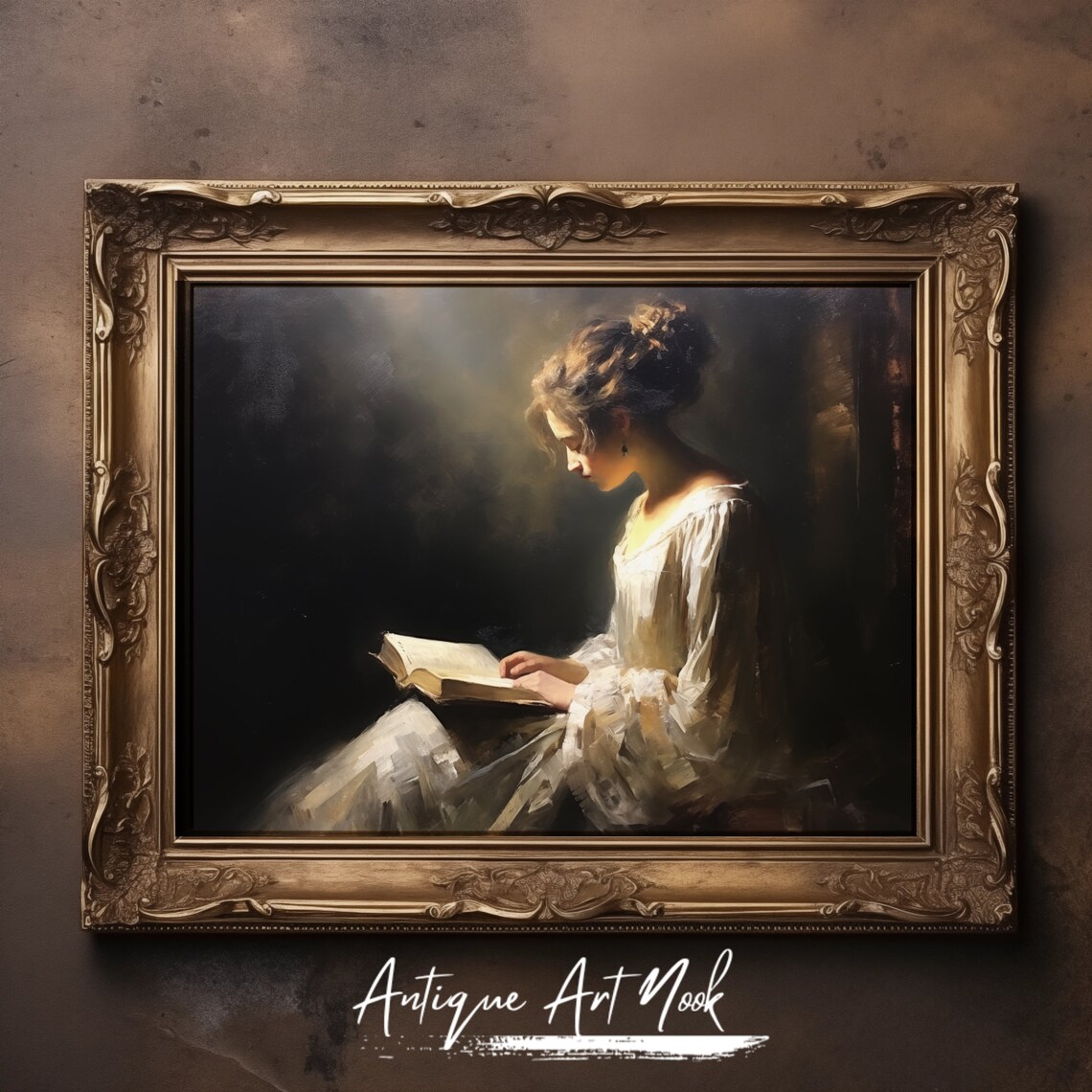 Woman in White Reading by Candlelight Moody Oil Portrait Poster - Image 2