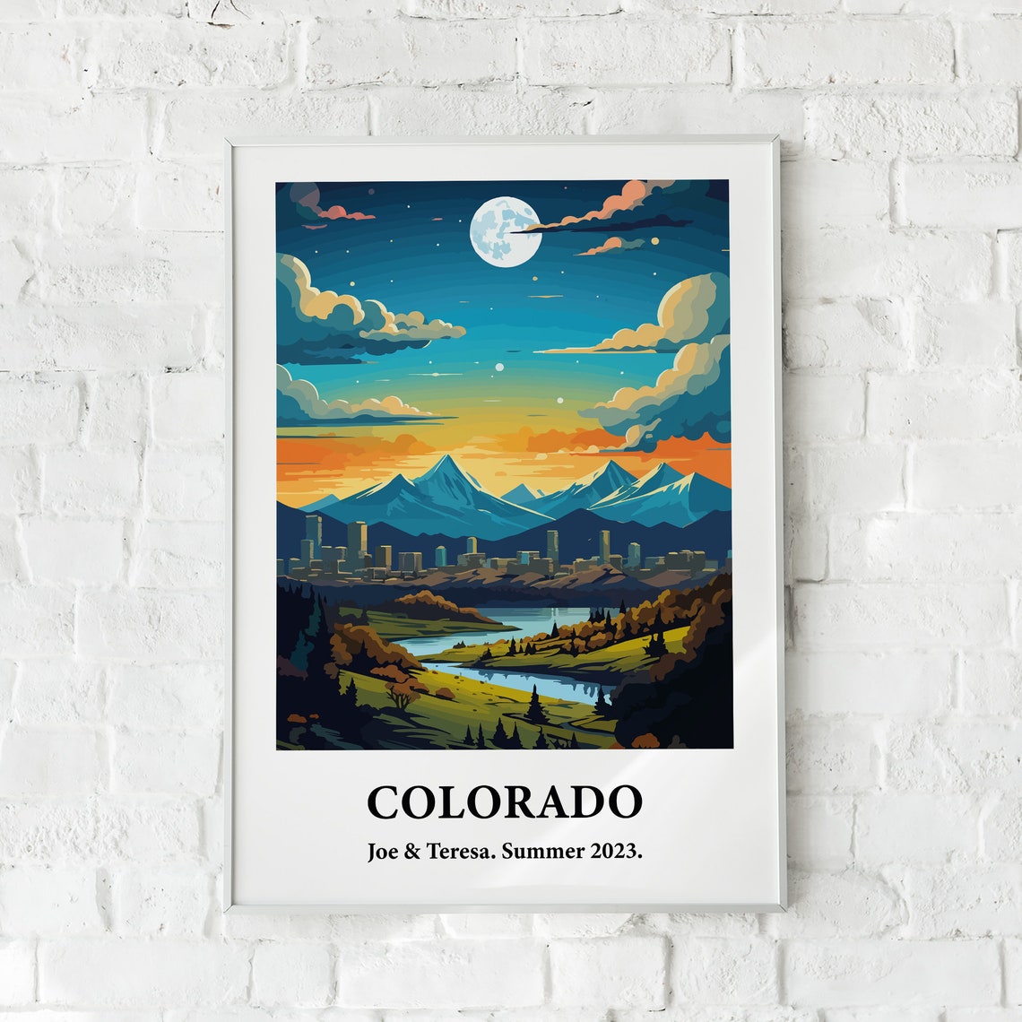 Colorado Denver Skyline Full Moon Rocky Mountains Travel Poster